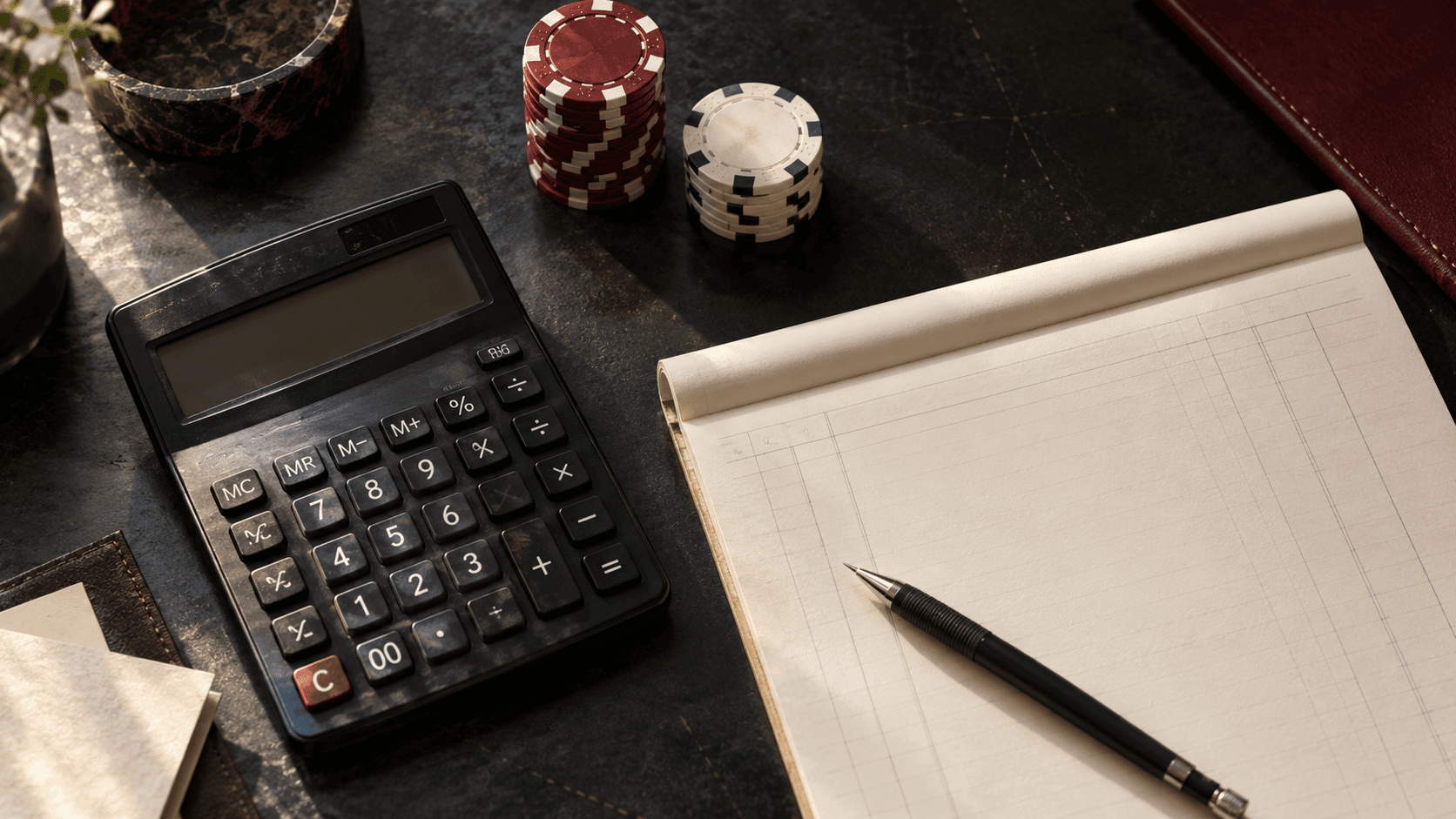 Calculator on financial documents, illustrating gross and net gaming revenue calculations